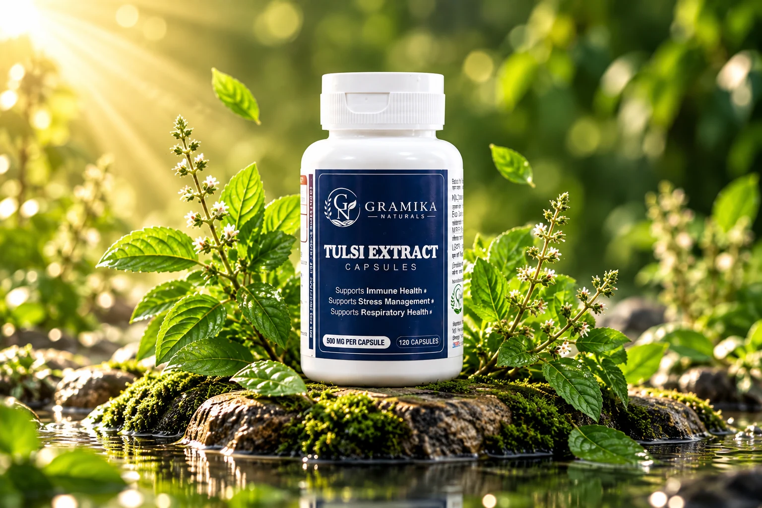 Gramika Naturals Tulsi Extract in a natural herbal setting